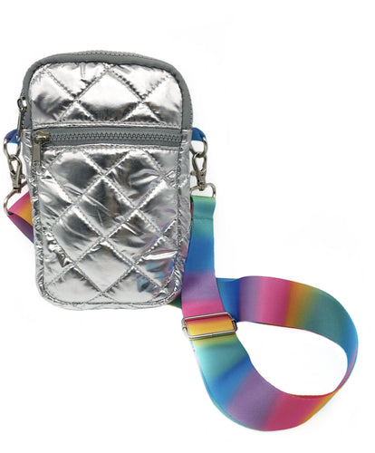 Silver Puffer Messenger Bag With Pastel Strap