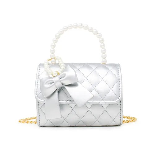 Quilted Pearl Handle Bow Ribbon Handbag Silver
