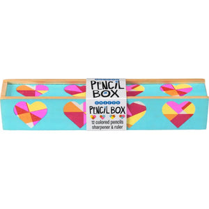 Quilted Heart Wooden Pencil Box & Colored Pencils