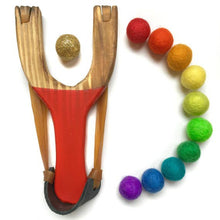 Load image into Gallery viewer, Deluxe Rainbow Wooden Slingshot With Gold Ball