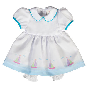 15" White With Blue Sailboat Print Doll Dress