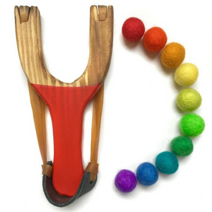 Classic Red Wooden Slingshot With Rainbow Balls