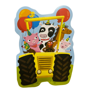 Tractor With Farm Animals Die Cut Birthday Card
